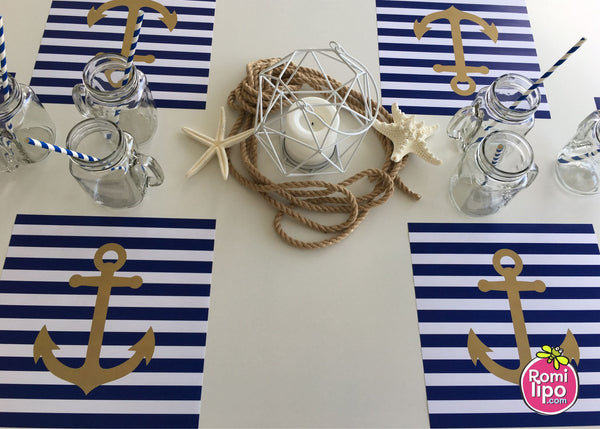 Placemats, Set of 12 Square 11 x 11  Nautical, blue and gold anchor