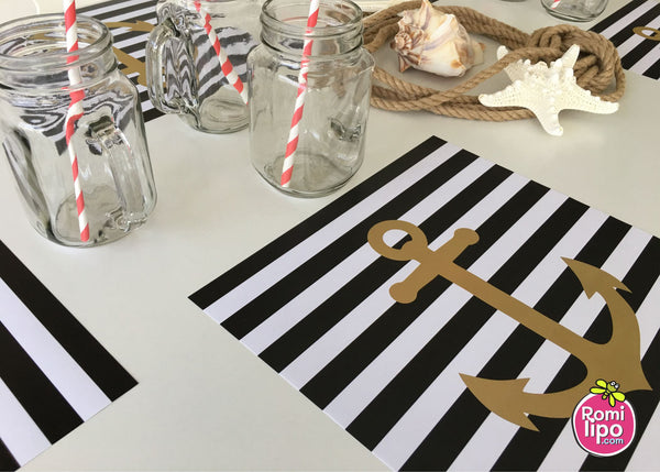Placemats, Set of  12 Square 11 x 11 nautical, black and gold anchor