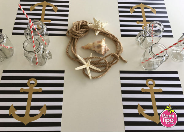 Placemats, Set of  12 Square 11 x 11 nautical, black and gold anchor