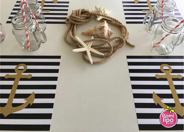 Placemats, Set of  12 Square 11 x 11 nautical, black and gold anchor