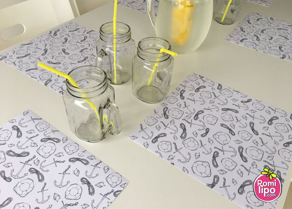 Placemats, Set of 12 Square 11 x 11  Nautical, Black and White