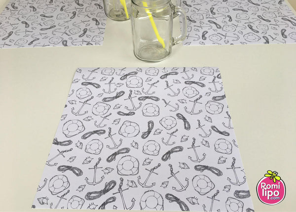 Placemats, Set of 12 Square 11 x 11  Nautical, Black and White