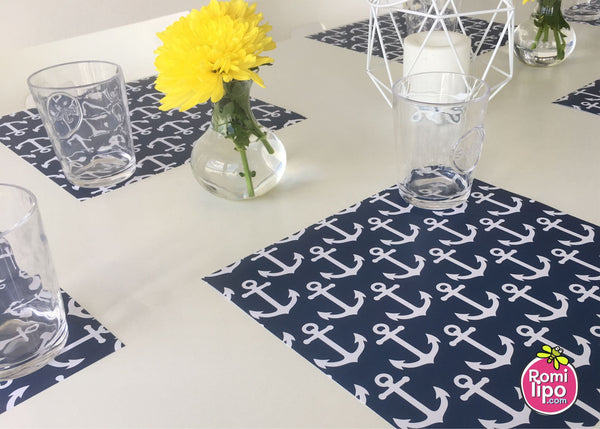Paper Placemats, Square nautical, white anchor and blue