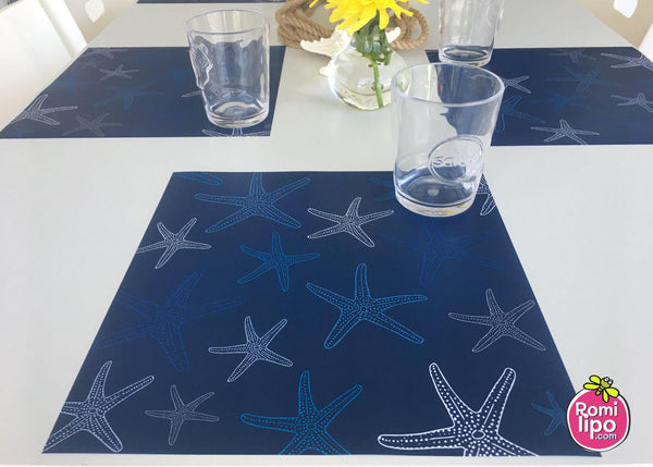 Placemats, Set of  12 Square 11 x 11 nautical,  Blue Starfish