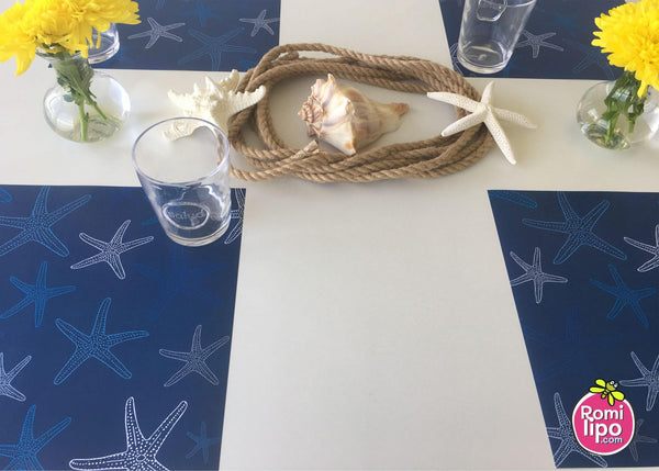 Placemats, Set of  12 Square 11 x 11 nautical,  Blue Starfish
