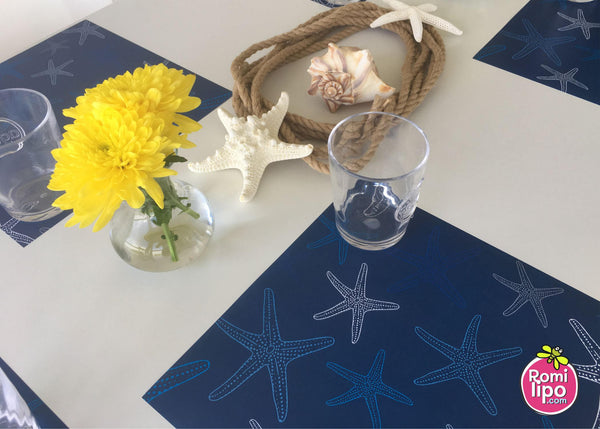 Placemats, Set of  12 Square 11 x 11 nautical,  Blue Starfish
