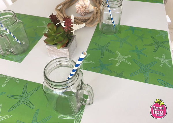 Placemats, Set of  12 Square 11 x 11 nautical, Green Starfish