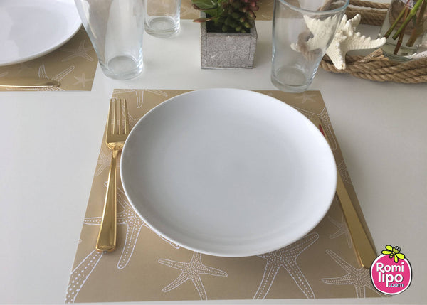 Placemats, Set of  12 Square 11 x 11 nautical, Brown and White Starfish