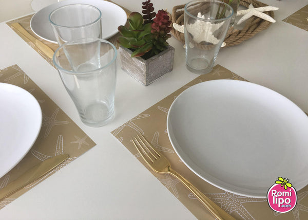 Placemats, Set of  12 Square 11 x 11 nautical, Brown and White Starfish