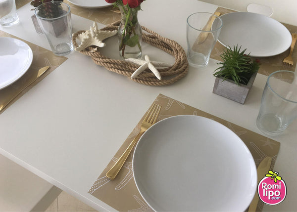 Placemats, Set of  12 Square 11 x 11 nautical, Brown and White Starfish