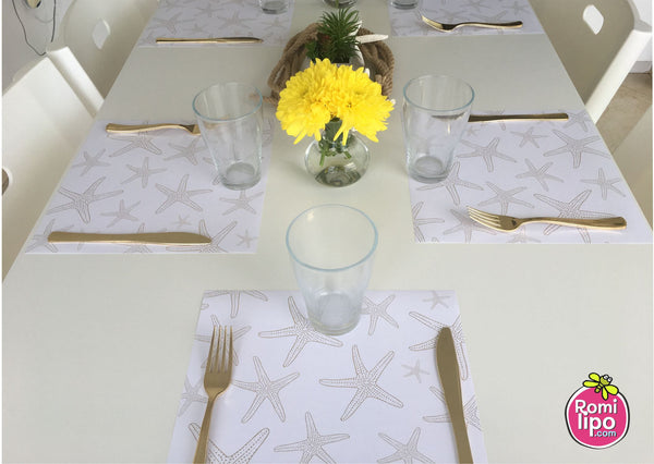 Placemats, Set of  12 Square 11 x 11 nautical, Gold Starfish