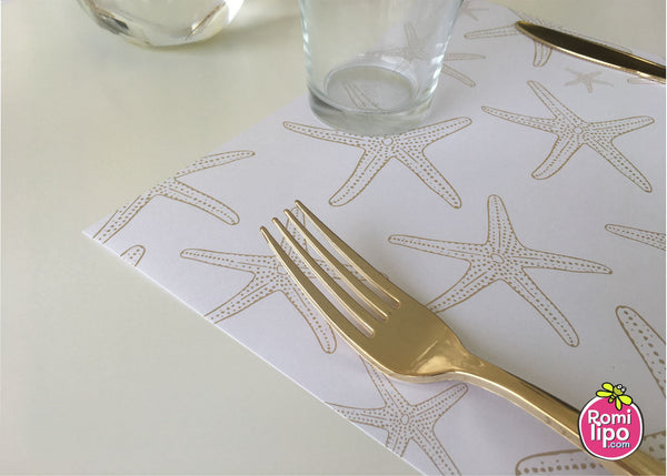 Placemats, Set of  12 Square 11 x 11 nautical, Gold Starfish