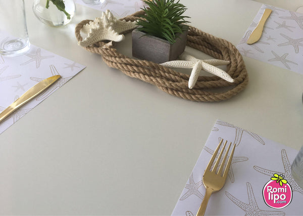 Placemats, Set of  12 Square 11 x 11 nautical, Gold Starfish