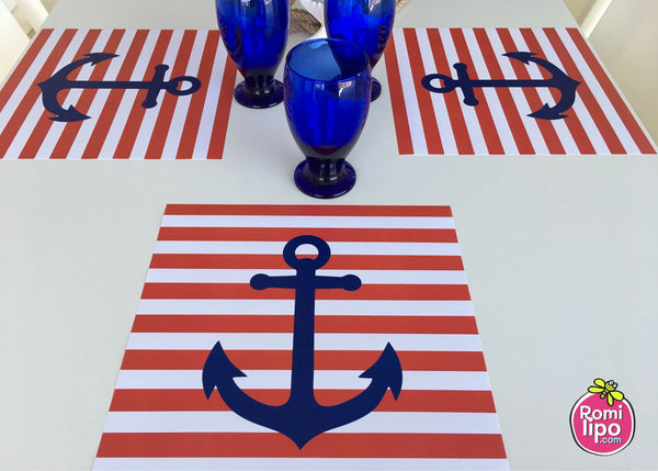 Placemats, Set of  12 Square 11 x 11 nautical, Red white and Blue
