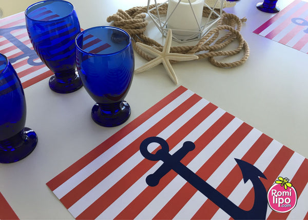 Placemats, Set of  12 Square 11 x 11 nautical, Red white and Blue