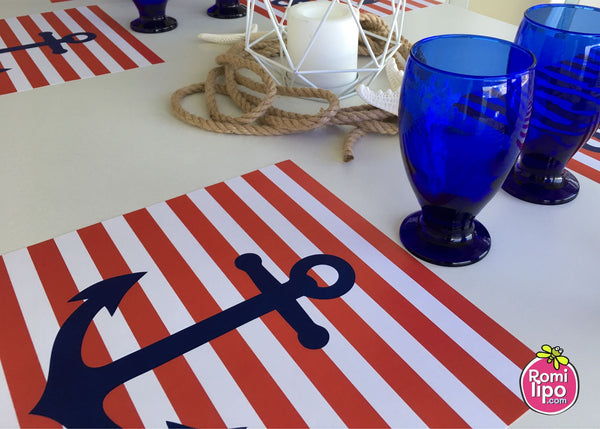 Placemats, Set of  12 Square 11 x 11 nautical, Red white and Blue