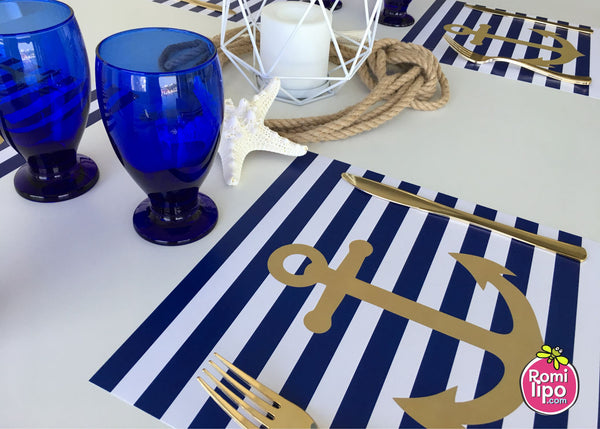 Placemats, Set of 12 Square 11 x 11  Nautical, blue and gold anchor