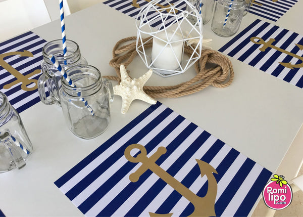 Placemats, Set of 12 Square 11 x 11  Nautical, blue and gold anchor