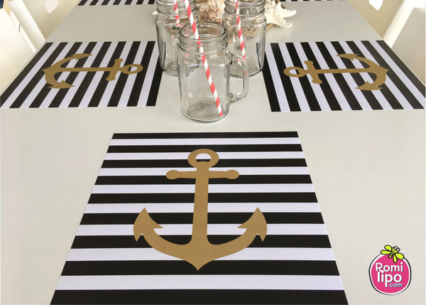 Placemats, Set of  12 Square 11 x 11 nautical, black and gold anchor