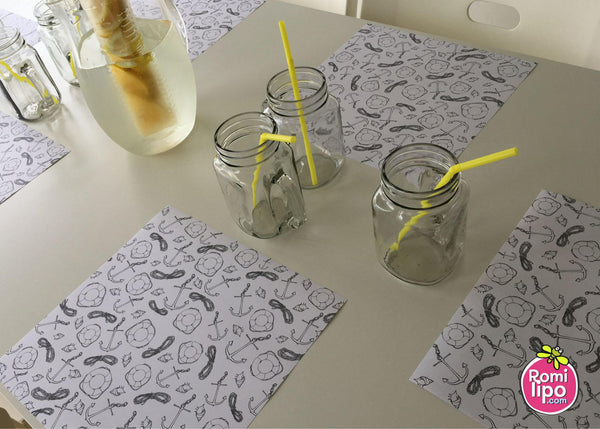 Placemats, Set of 12 Square 11 x 11  Nautical, Black and White