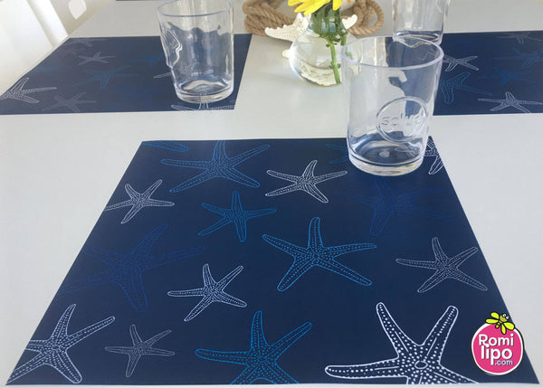Placemats, Set of  12 Square 11 x 11 nautical,  Blue Starfish
