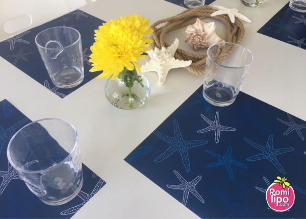 Placemats, Set of  12 Square 11 x 11 nautical,  Blue Starfish