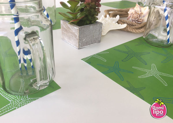 Placemats, Set of  12 Square 11 x 11 nautical, Green Starfish