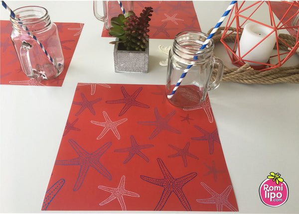 Placemats, 11 x 11 red and white starfish