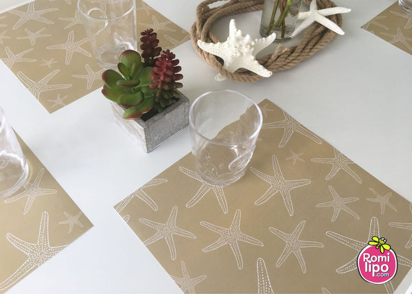 Placemats, Set of  12 Square 11 x 11 nautical, Brown and White Starfish