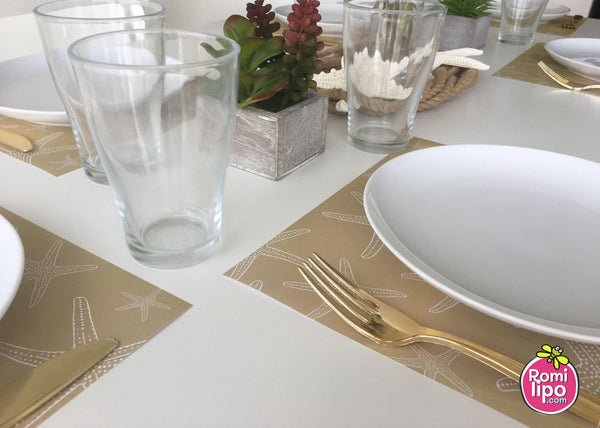 Placemats, Set of  12 Square 11 x 11 nautical, Brown and White Starfish