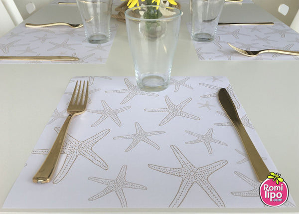 Placemats, Set of  12 Square 11 x 11 nautical, Gold Starfish