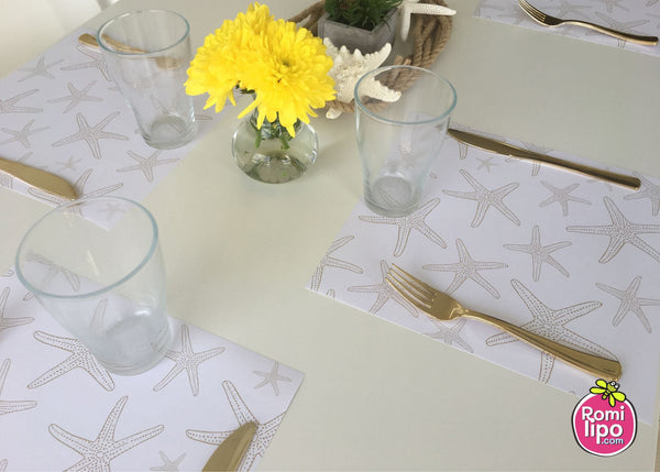Placemats, Set of  12 Square 11 x 11 nautical, Gold Starfish