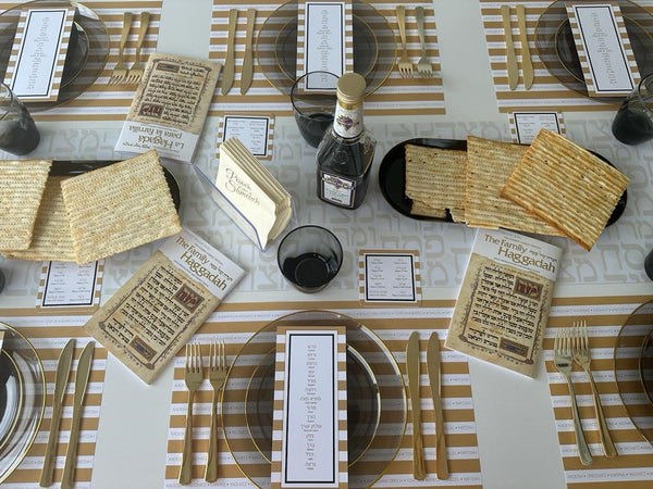 Passover 4 x SET Gold - 12 Placemats + 20 Napkins + 12 seder cards + 12 coasters plagues