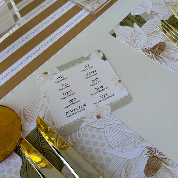 Passover 3 x SET - 12 Placemats + 12 seder cards + 12 coasters plagues Magnolias