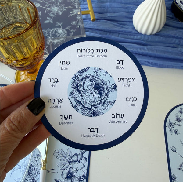 Passover Toile Seder Table Set for 12 people, Placemats + Ten Plagues Coasters + order of the Seder cards