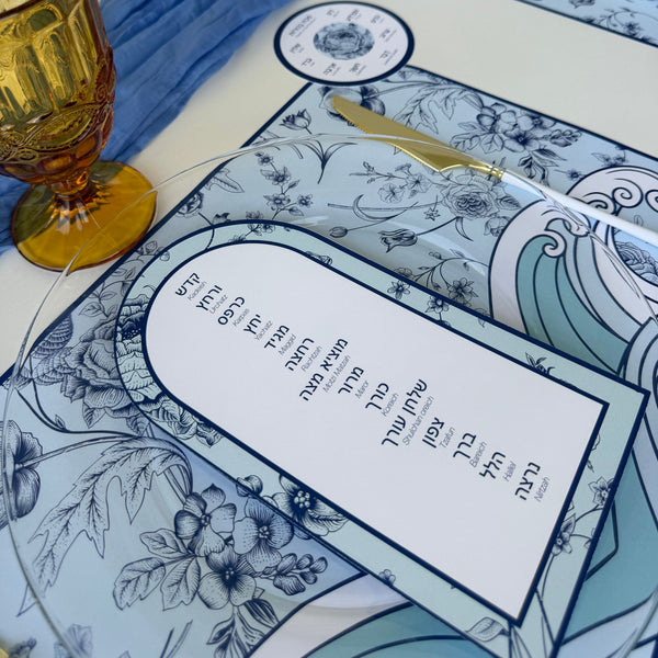Passover Toile Seder Table Set for 12 people, Placemats + Ten Plagues Coasters + order of the Seder cards