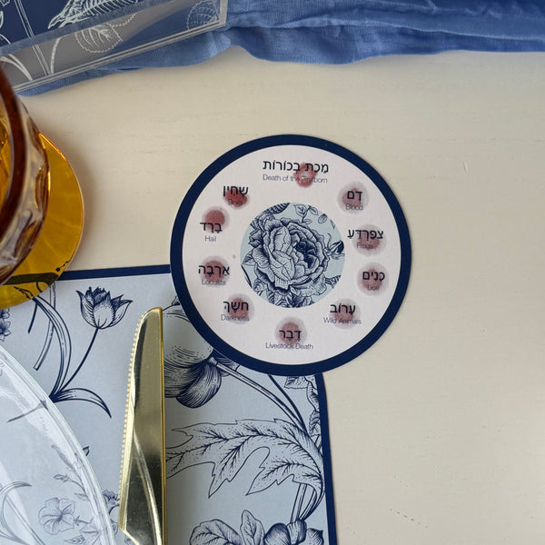 Passover Toile Seder Table Set for 12 people, Placemats + Ten Plagues Coasters + order of the Seder cards