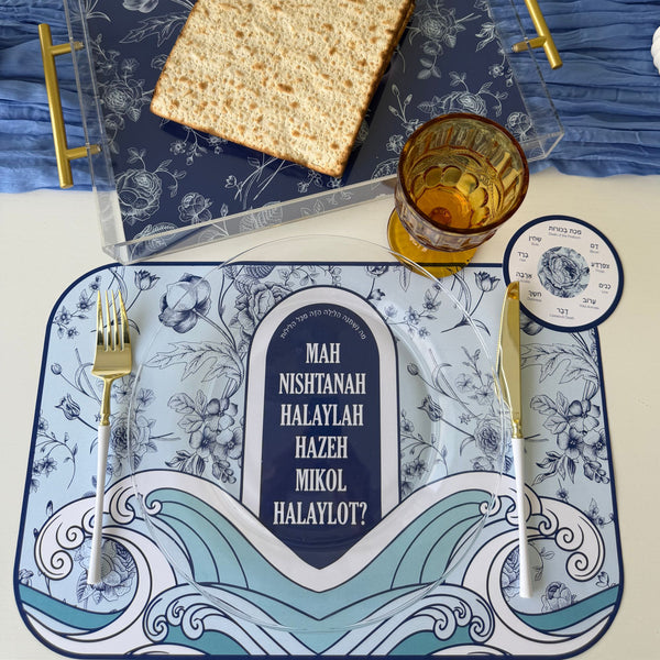 Passover Toile Seder Table Set for 12 people, Placemats + Ten Plagues Coasters + order of the Seder cards