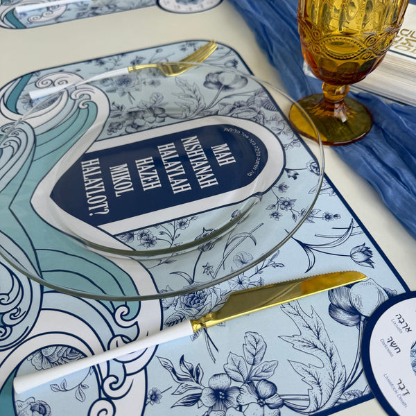 Passover, set of 12 order of the Seder cards, Pesach, French toile, blue