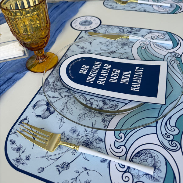 Passover Toile Seder Table Set for 12 people, Placemats + Ten Plagues Coasters + order of the Seder cards
