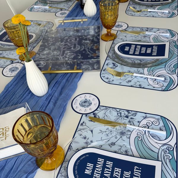 Passover Toile Seder Table Set for 12 people, Placemats + Ten Plagues Coasters + order of the Seder cards