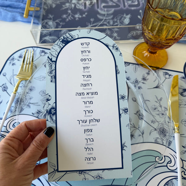 Passover, set of 12 order of the Seder cards, Pesach, French toile, blue