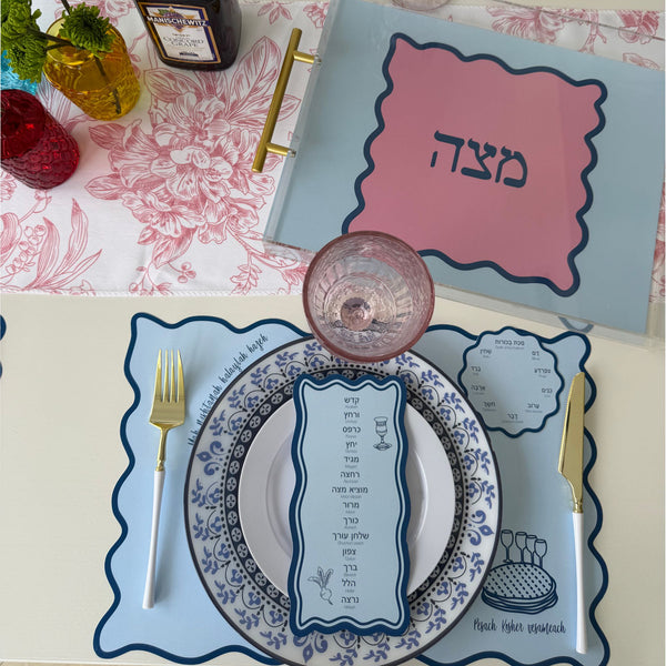 Passover Table Set for 12, Modern Scalloped Placemats, Ten Plagues Coasters, Seder Cards, blue, trendy (Copy)