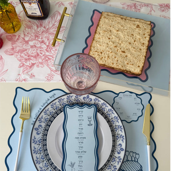 Passover Table Set for 12, Modern Scalloped Placemats, Ten Plagues Coasters, Seder Cards, blue, trendy (Copy)