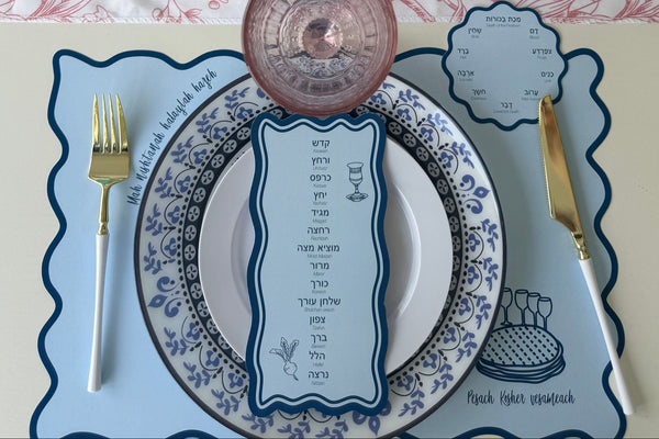 Passover Table Set for 12, Modern Scalloped Placemats, Ten Plagues Coasters, Seder Cards, blue, trendy (Copy)