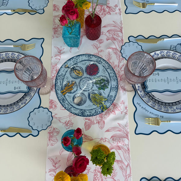 Passover Table Set for 12, Modern Scalloped Placemats, Ten Plagues Coasters, Seder Cards, blue, trendy (Copy)