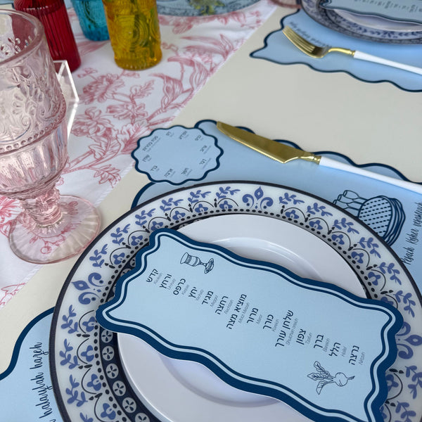 Passover Table Set for 12, Modern Scalloped Placemats, Ten Plagues Coasters, Seder Cards, blue, trendy (Copy)