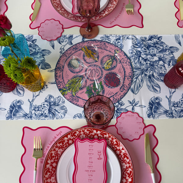 Passover Table Set for 12, Modern Scalloped Placemats, Ten Plagues Coasters, Seder Cards, pink, trendy