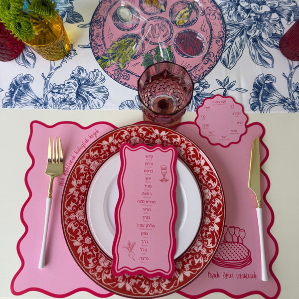Passover Table Set for 12, Modern Scalloped Placemats, Ten Plagues Coasters, Seder Cards, pink, trendy