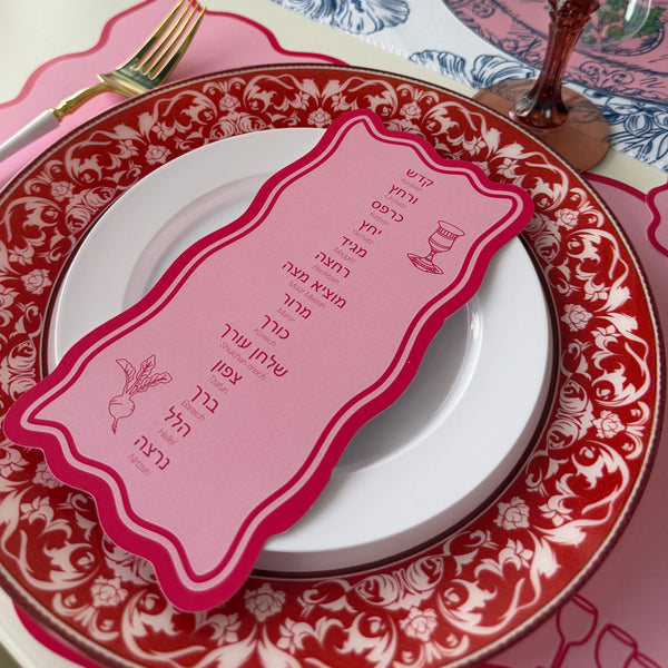 Passover Table Set for 12, Modern Scalloped Placemats, Ten Plagues Coasters, Seder Cards, pink, trendy